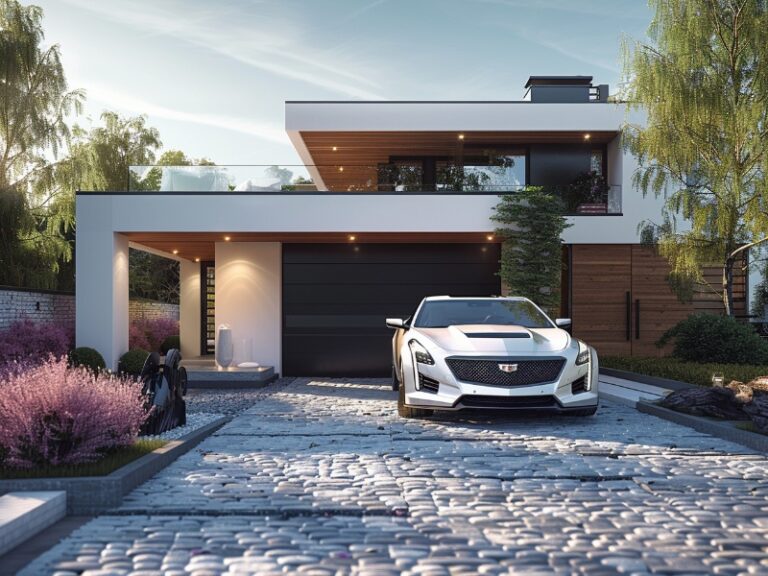 Modern two-story house with a sleek white and wood exterior, large windows, and a white sports car parked in front of double garage doors, featuring a cobblestone driveway and lush landscaping with purple and green plants.