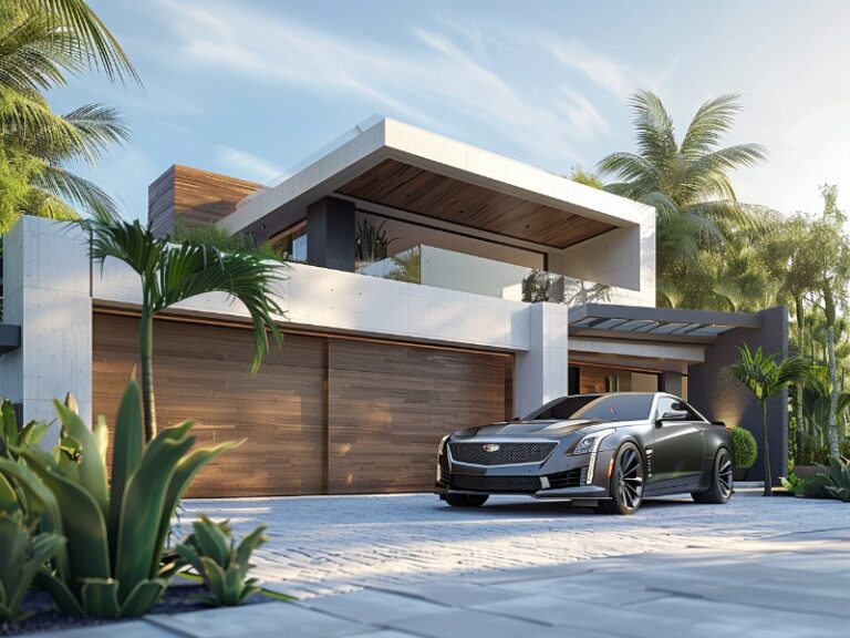 "Modern two-story house with wooden garage doors and a luxury car parked in the driveway."