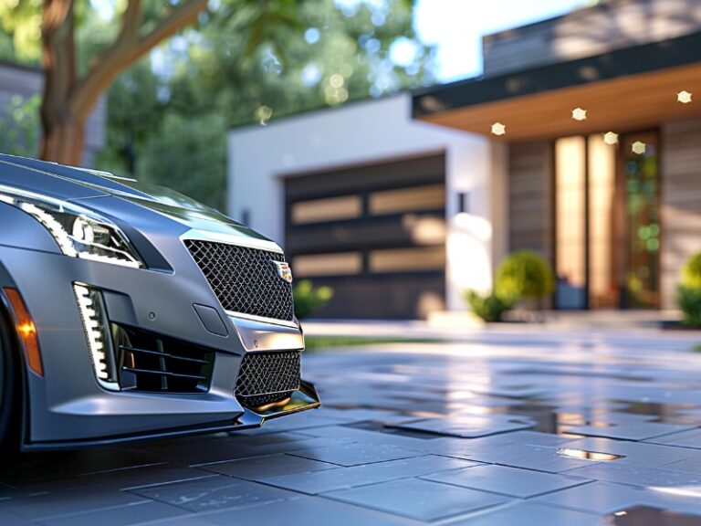 Close-up of a sleek car parked on a wet cobblestone driveway, with a modern house in the background featuring a wood and white exterior, a double garage door, and lush greenery.