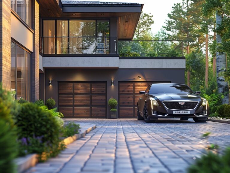 A modern luxury home with a sleek black car parked in the driveway in front of wooden garage doors.