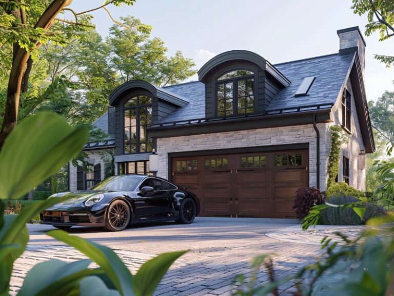"Charming house with arched windows, wooden garage doors, and a luxury car parked in the driveway, surrounded by greenery."