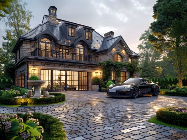 Elegant two-story house with large windows, dark garage doors, cobblestone driveway, and a black car parked in front, surrounded by landscaped gardens.