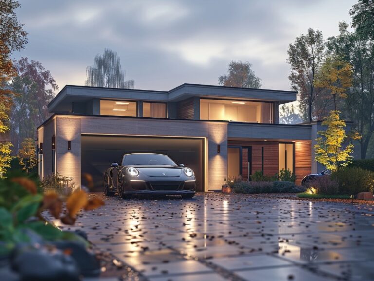 Modern two-story house with a sleek design, featuring large windows and warm lighting. The house has a wooden garage door and a black car parked in the wet, reflective driveway, surrounded by lush greenery and trees.