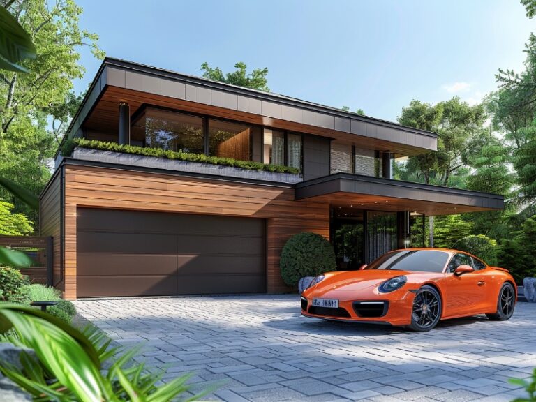 A modern two-story house with a wooden garage door and an orange sports car parked in the driveway on a sunny day.