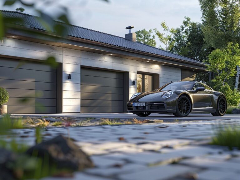 Modern single-story house with a light exterior and dark double garage doors, featuring a sleek sports car parked in front on a paved driveway, surrounded by lush greenery.