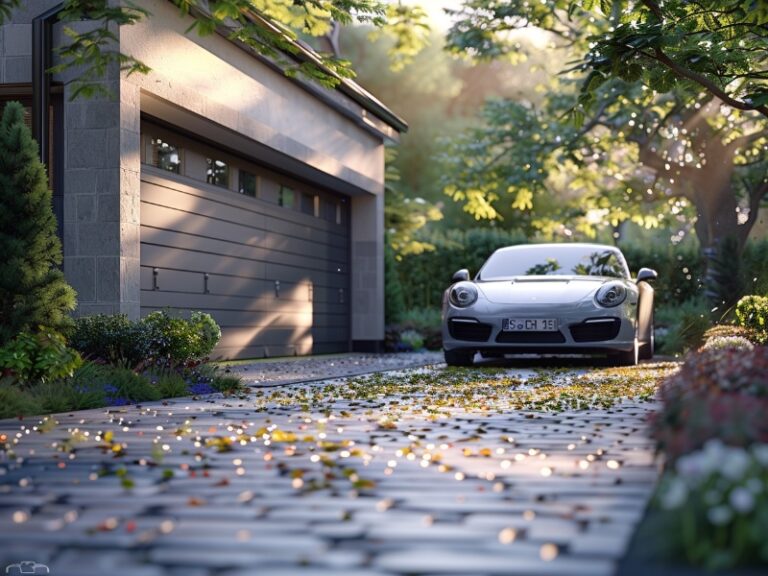 A white car parked by a modern house with a grey garage door and a cobblestone driveway.