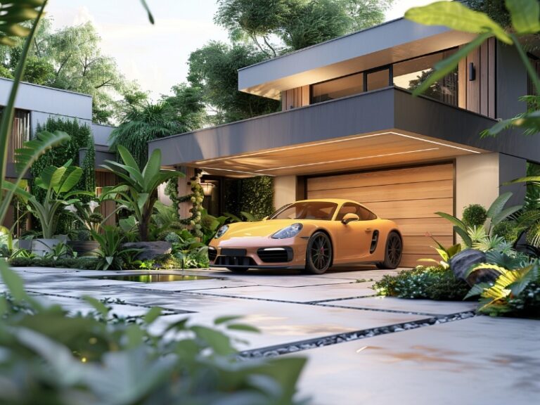 A yellow sports car parked in front of a modern home with a wooden garage door, surrounded by lush tropical plants.