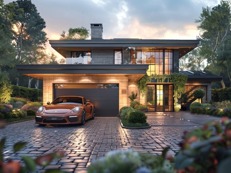 Modern two-story house with a brick and glass exterior, large windows, and a sports car parked in front of a double garage door, featuring a cobblestone driveway and lush, well-maintained landscaping.