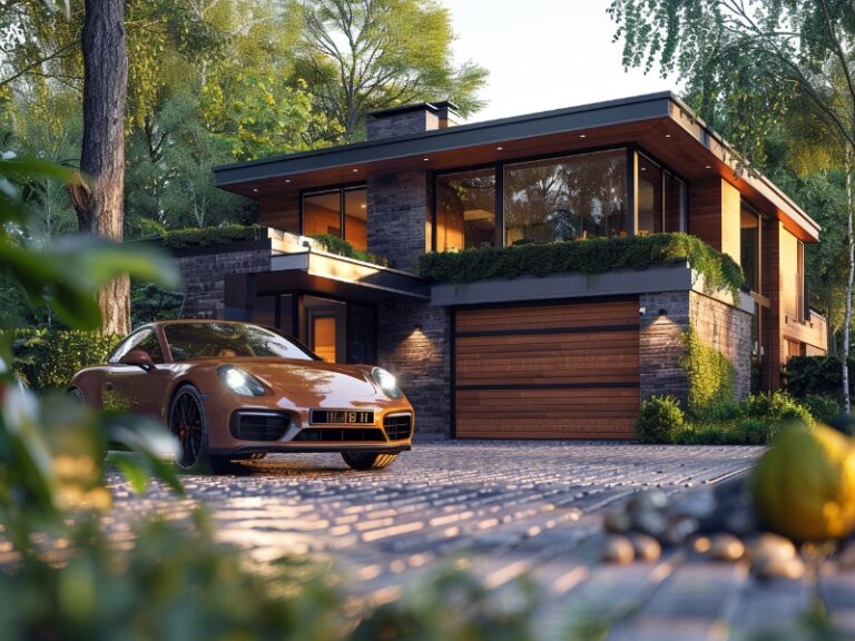 "Contemporary house with wooden garage doors and a brown luxury car parked in the driveway, surrounded by lush greenery."