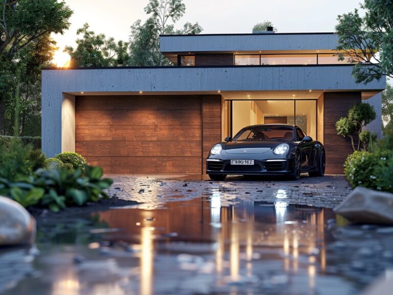 Modern contemporary flush panel wood garage door with clean lines and pleasing aesthetic.