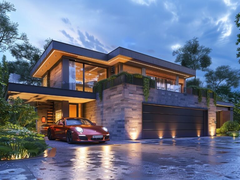 A modern two-story home with a red sports car parked in the driveway in front of a large garage.