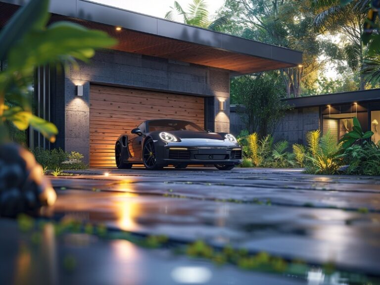 Black sports car in front of a modern home with a wooden garage door and lush greenery.