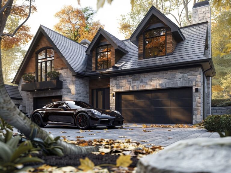 Charming two-story house with stone exterior, gabled roof, large windows, and two garage doors, set in a wooded area with a black car parked in the driveway.