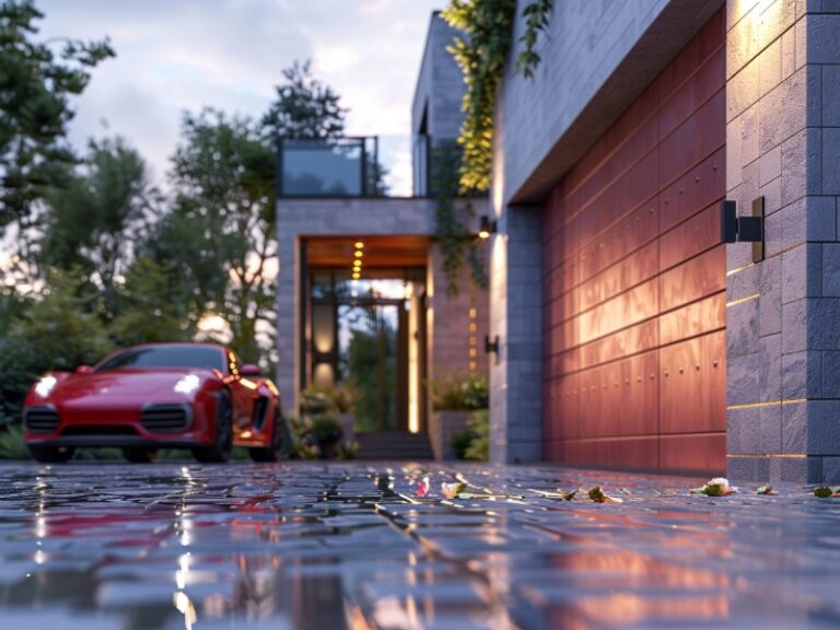A sleek red car parked in front of a modern house with a stylish garage door, reflecting on the wet driveway.