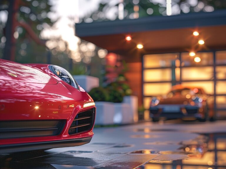 Close-up of a red sports car parked outside a modern house with a glass-panel garage door, with another car visible inside the garage.