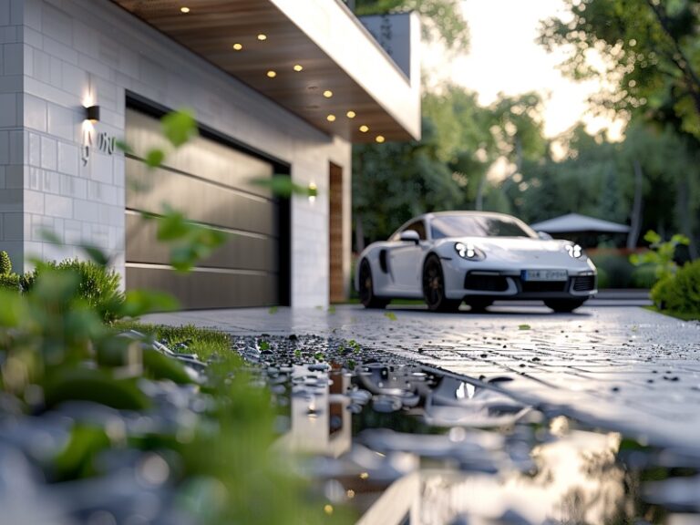 A modern home with a sleek, black garage door, featuring a white sports car parked on a reflective, rain-soaked driveway.