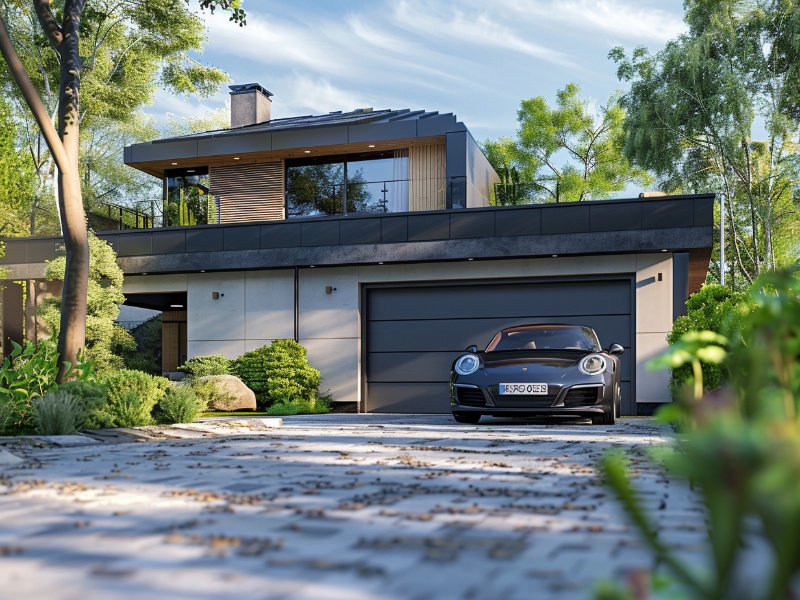 Contemporary home with a stylish black steel garage door.