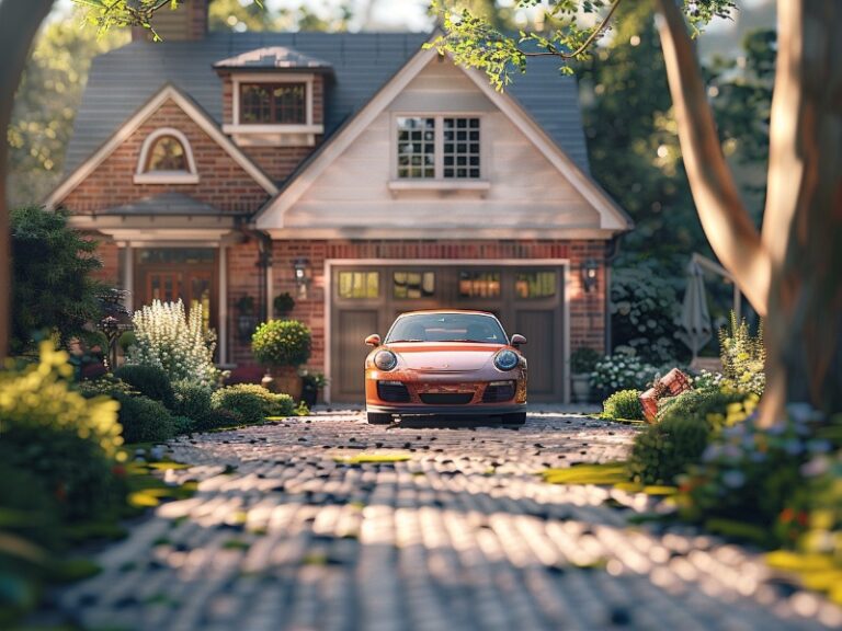 "Charming brick house with a single garage door and a red sports car parked in the cobblestone driveway, surrounded by lush greenery."