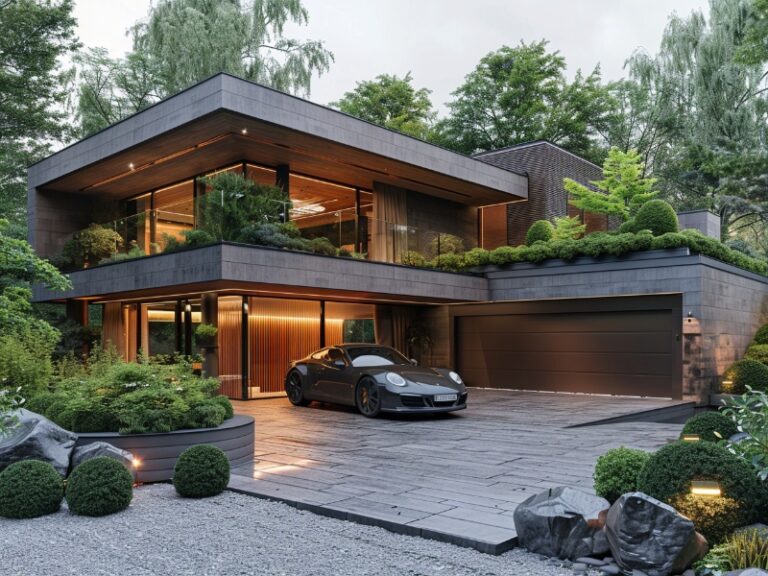 Modern two-story house with a dark wood and glass exterior, featuring large windows, a double garage door, and a sleek black sports car parked in front, surrounded by lush landscaping and a paved driveway.