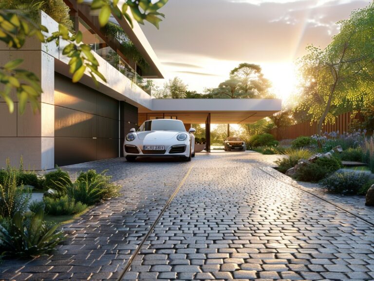 A modern home with a white car parked in the driveway, stylish garage door, and lush landscaping at sunset.