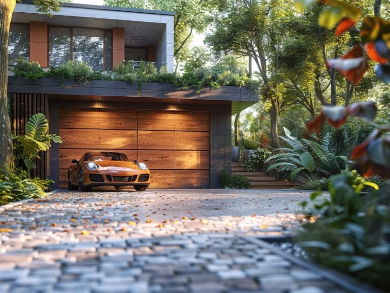 Modern house with a wooden garage door, surrounded by lush greenery and a cobblestone driveway. A vintage sports car is parked in front, illuminated by warm lighting.