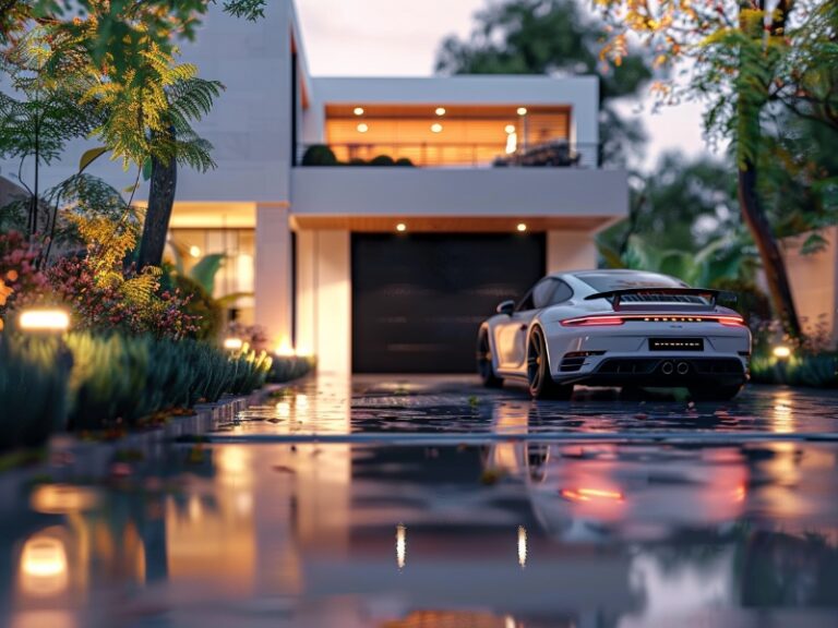 Modern two-story house with a sleek design, featuring a dark garage door, large windows, and warm exterior lighting. A white sports car is parked in the wet, reflective driveway, surrounded by lush greenery.