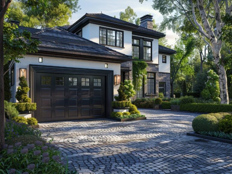 A charming house with a black garage door, classic architecture, and lush, manicured landscaping, set on a cobblestone driveway.