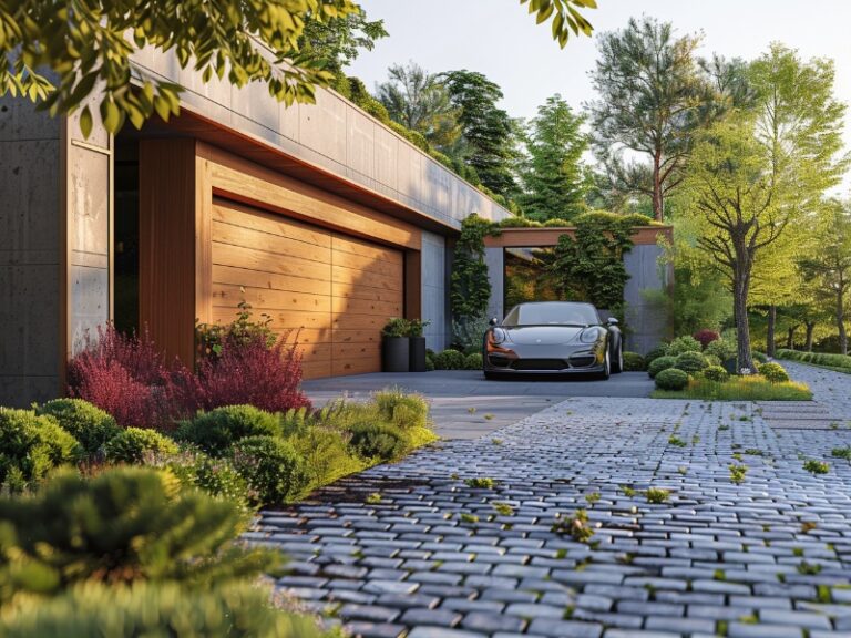 "Contemporary house with a wooden garage door and a luxury car parked on a stone-paved driveway surrounded by lush greenery."