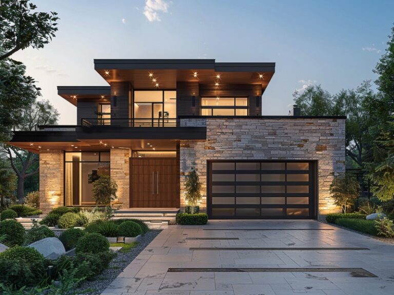 Modern two-story house with large windows, stone and wood exterior, and a sleek garage door, surrounded by a well-manicured garden and driveway.