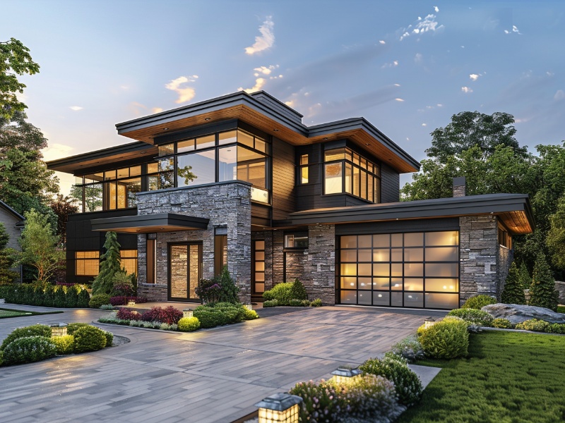 Contemporary residential home with sleek, breathtaking luxury modern garage door made of glass.