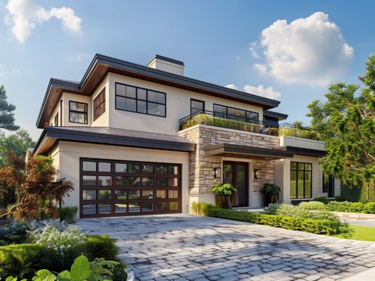 Energy-efficient glass garage door allowing natural light inside.