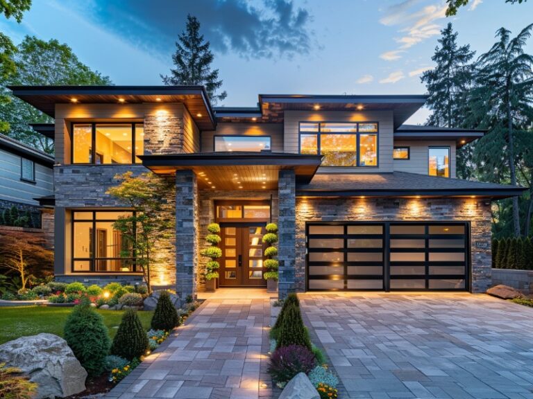 Modern two-story house with a stone and glass exterior, featuring a stylish garage door, warm exterior lighting, a spacious paved driveway, and a beautifully landscaped garden with shrubs and trees.