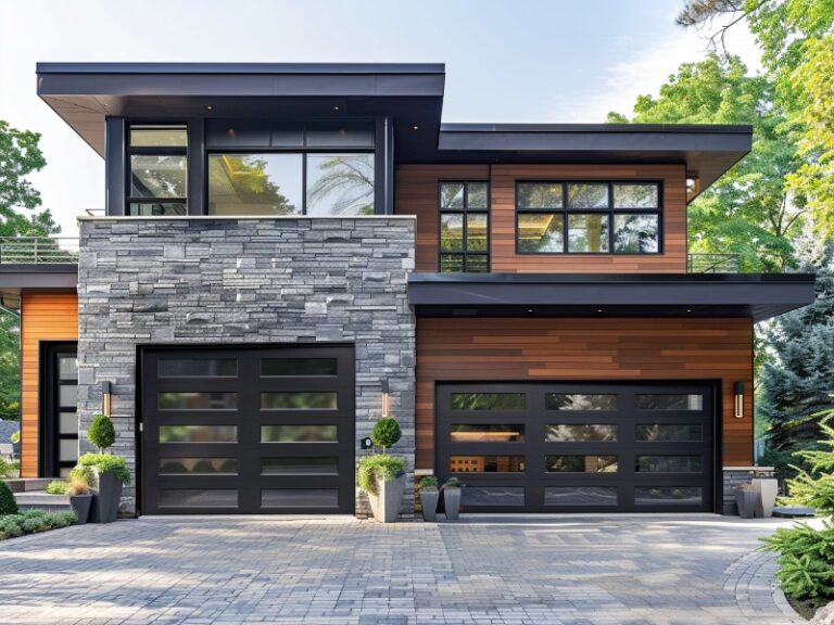 Modern home with black-framed glass garage doors and mixed stone and wood exterior.