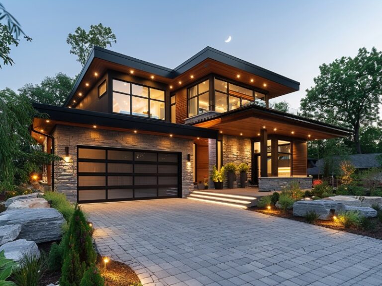 Modern two-story house with large windows, illuminated exterior lights, and a double garage door, featuring a paved driveway and well-manicured landscaping with rocks and greenery.