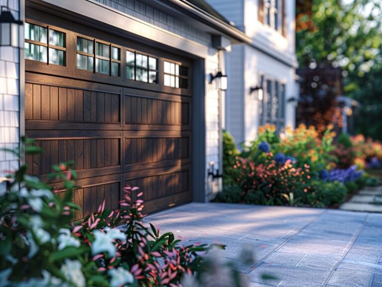 "Charming house with a dark wooden garage door, framed by vibrant flowers and greenery on a sunny day."