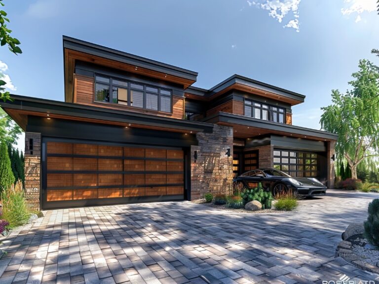 Contemporary garage door with sleek wood elements.