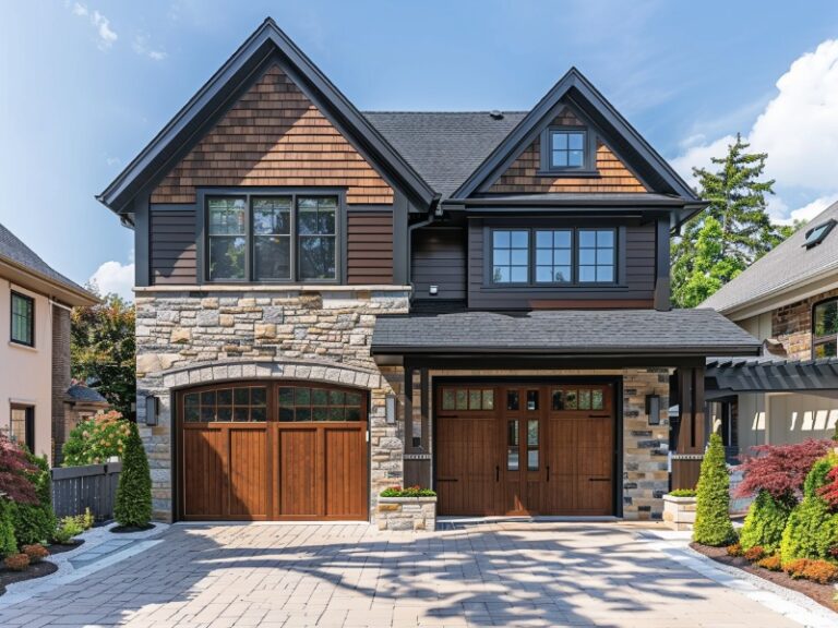 Traditional two-story house with a stone and wood exterior, featuring large windows, double wooden garage doors, and a paved driveway, surrounded by neatly landscaped greenery.