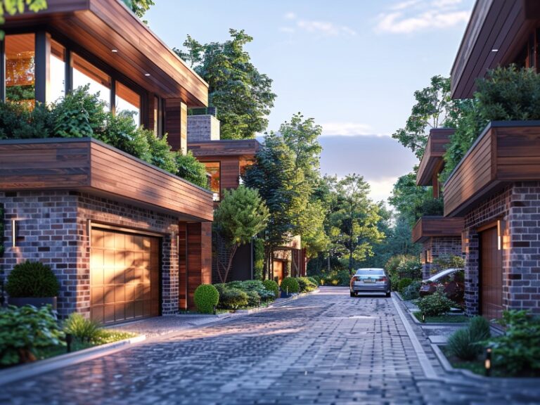 A row of modern houses with wooden garage doors along a cobblestone street.