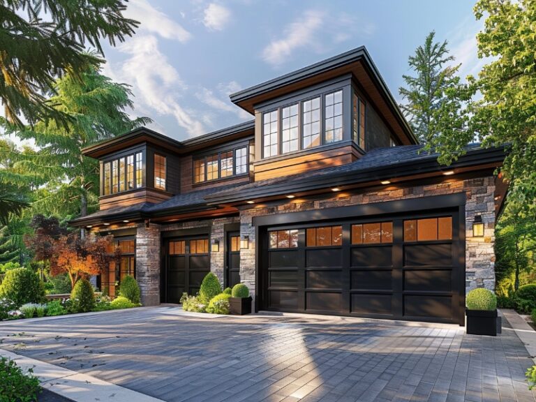 A modern two-story house with large windows, sleek black garage doors, and a beautifully landscaped yard with a spacious driveway.