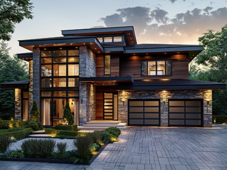 A contemporary two-story house with extensive glass windows and two black garage doors, surrounded by lush landscaping and illuminated at dusk.