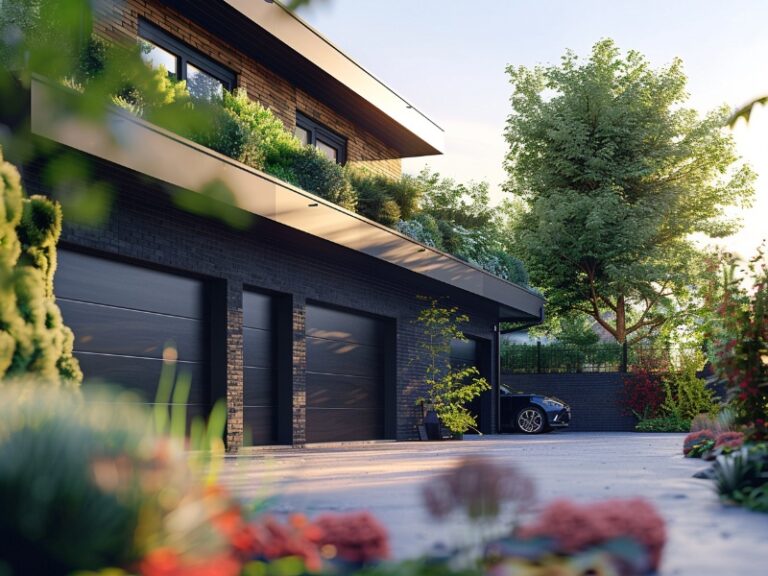 Modern garage doors with a sleek design, surrounded by lush greenery and vibrant landscaping, enhancing the aesthetic of a contemporary home.