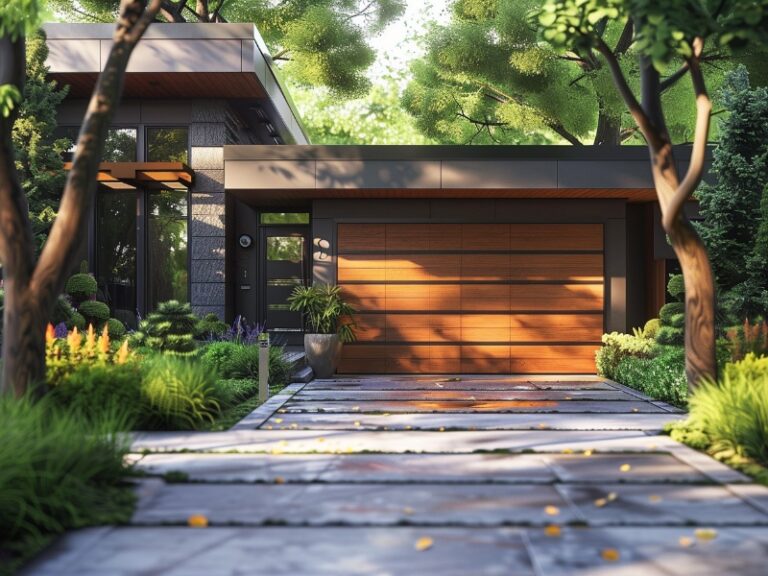 "Modern house with a wooden garage door, nestled among lush trees and greenery, featuring a stone pathway leading to the entrance."