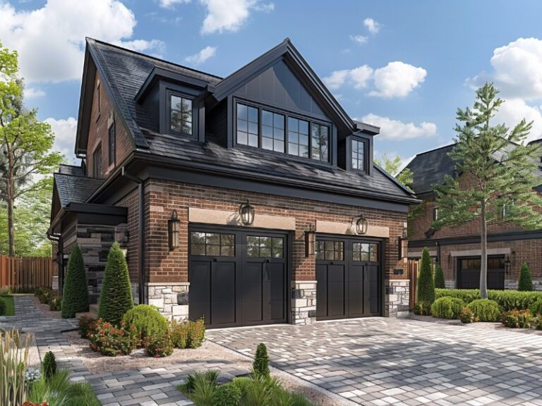 A modern house with double black garage doors and a well-maintained driveway.