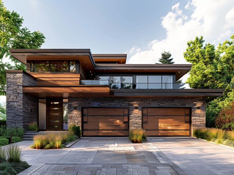 "Contemporary two-story house with wooden garage doors, stone accents, large windows, and a landscaped driveway, surrounded by greenery."