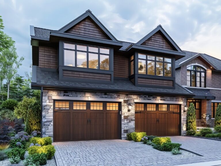 Elegant two-story house with a stone and wood exterior, featuring two wooden garage doors with windows, large upper-story windows, and a cobblestone driveway, surrounded by neatly landscaped greenery.