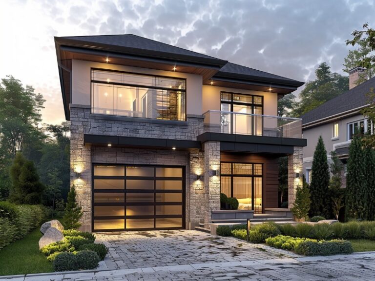 A contemporary two-story home with large windows and a stylish glass-paneled garage door, surrounded by well-manicured greenery.