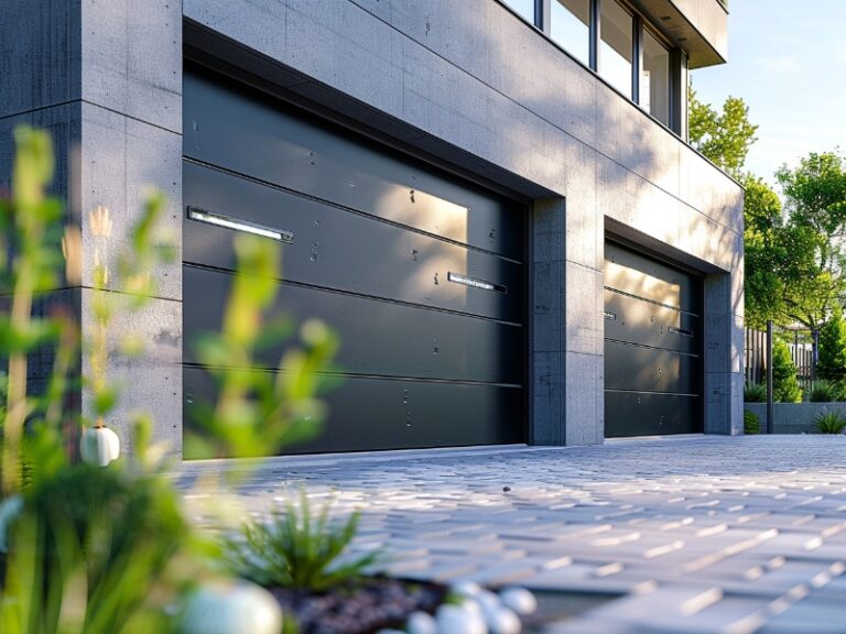 A contemporary house with two sleek, black garage doors and a neatly landscaped driveway.