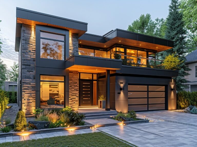 "Modern two-story house with large windows, sleek black and wood accents, a glass-paneled garage door, and a well-lit landscaped driveway."