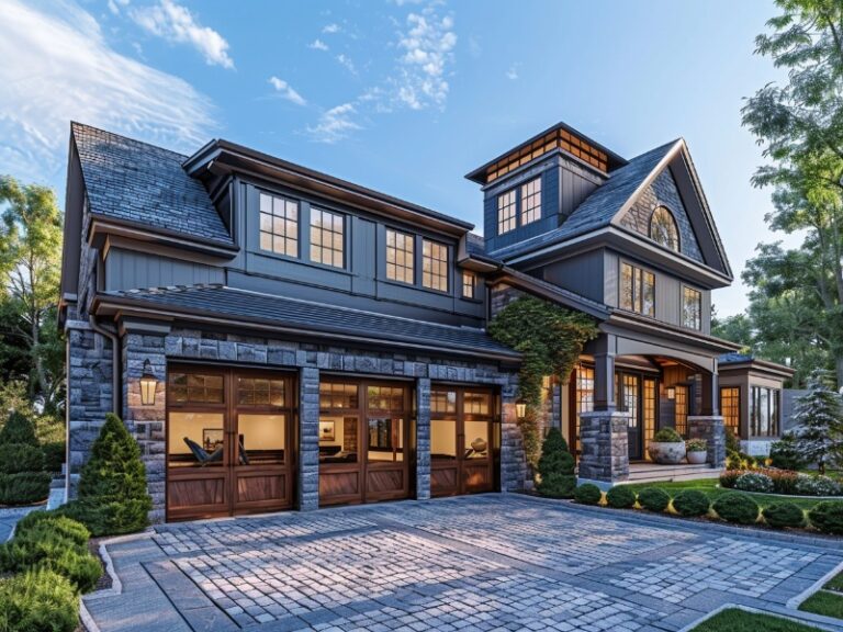 "Elegant two-story house with large wooden garage doors, intricate stone detailing, and a neatly landscaped driveway."