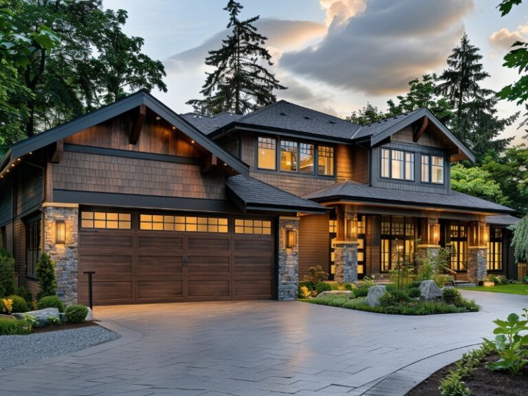 "Beautiful two-story home with a wooden garage door, stone accents, and a well-manicured driveway at dusk."